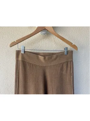 FRAME Camel Ribbed Knit Flare Wide Leg Pants L High Waist Pull On Lounge Stretch thumbnail 3