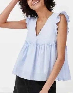 Zara trf Collection Cotton Babydoll Flutter Sleeve Top thumbnail 1