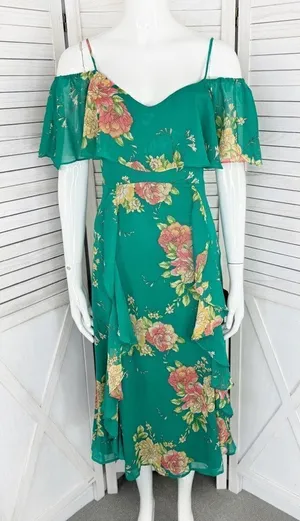 Lulus Romantic Love Floral Chiffon Ruffle Cold Shoulder Midi‎ Dress Green XS thumbnail 1