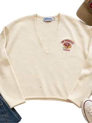 Etonic Vintage San Francisco 49ers Zephyr Wool V-Neck Sweater Cream L *HOLE* thumbnail 1