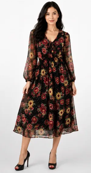 1775 Floral Maxi Dress Small Metallic Dot Long Sleeve Boho Cottagecore thumbnail 1