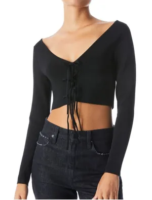 Alice + Olivia Sharee Crop Top Tie Front Black Sz S thumbnail 1