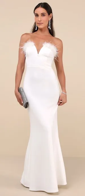 NWT Lulus Extraordinary Glam White Feather Strapless Mermaid Maxi Dress Bride L thumbnail 1