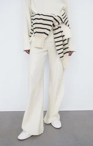 Zara White High Waist Wide Leg Ribbed Pants Sz L thumbnail 1