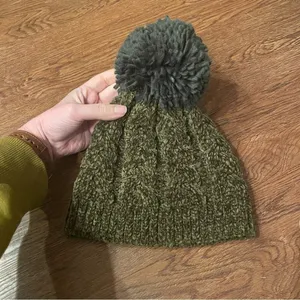 WORLD MARKET Cozy Chenille Olive Green Beanie with Pom Pom thumbnail 2