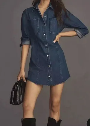 Mare Mare x Anthropologie Sz M Denim Snap Button Shirt Dress Cowgirl Western thumbnail 1