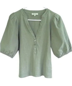 Like New Madewell Puff Sleeve Henley Knit Top Faded Olive Size Medium thumbnail 1