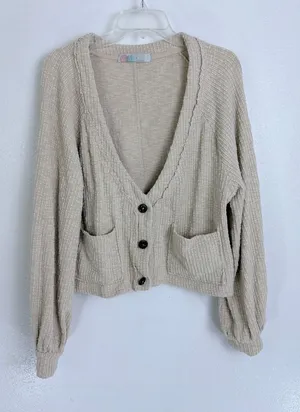 Free People Beach Cardigan Beige Textured Knit Balloon Sleeve Size S thumbnail 1