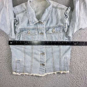 Ruffle Shoulder Denim Jacket Women S Light Wash‎ Raw Hem Cropped Western Spring thumbnail 5