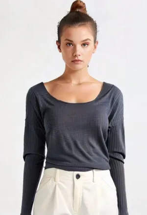 Express Black Ribbed Layering Scoopneck Stretch Long Sleeve Tee thumbnail 1