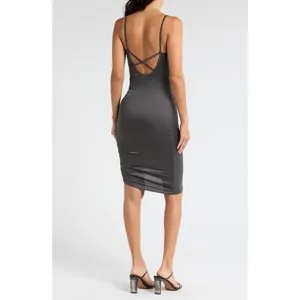 New Free People Intimately Sz L Gray Adiustable Ruched Satin Slip Midi Dress thumbnail 2