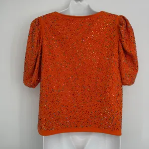 Queen of Sparkles Top XS Orange Rhinestone Puff Sleeve Square Neck Party‎ Bling thumbnail 6