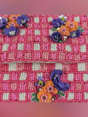 NWT India handcrafted Viral Beaded Pink Quilted Purple Flowers Checkered Bag thumbnail 4