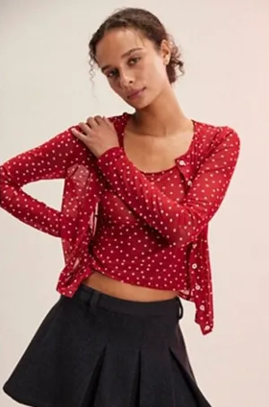 Free People Twosie for One Cardigan Med Red White Polka Dot Stars Semi Sheer thumbnail 1