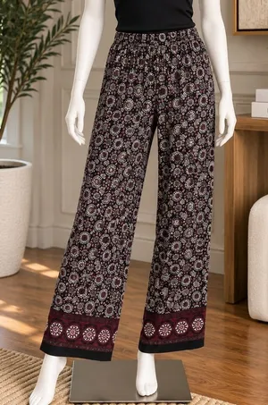 Studio 29 Womens Wide Leg Pants Medallion Print Smocked Waist Black Medium thumbnail 1