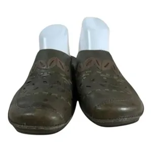 Clarks Women Olive Green Leather Slip On Mules Thick Stitched Clogs Wedges 9M thumbnail 6