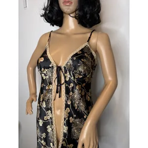 Victoria’s Secret Black Gold Floral Satin Open-Front lace trimTop Slip dress Sp thumbnail 8