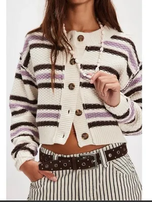 Free People Lila Stripe Cardi Cardigan Sweater in Lavender Ivory Combo Large thumbnail 4