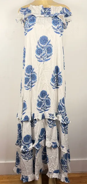 Fancy Loose Tiered Ruffle Maxi Dress Sz L Cotton Cottagecore Prairie Floral thumbnail 1