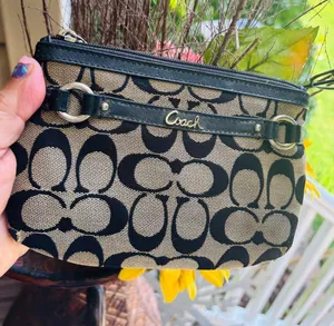 Coach Black and Tan Signature Canvas Wristlet thumbnail 1