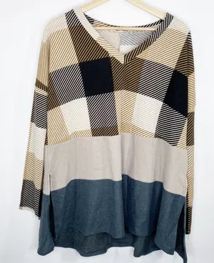 Entro V-neck Knit Colorblock Plaid Sweater Womens Size Large‎ Tan Blue Pullover thumbnail 1