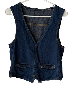 Womens Dark Wash‎ Denim Vest Sleeveless Jean Button Up Braided Pockets S Western thumbnail 1