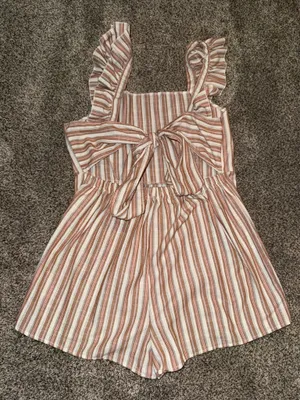 SHEIN Frenchy Cotton Ruffle Armhole Tie Back Striped Romper thumbnail 2