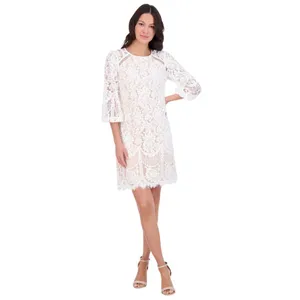 Vince Camuto Petite Jewel-Neck Lace Shift Dress Ivory Off White / Beige Brown 2P thumbnail 5