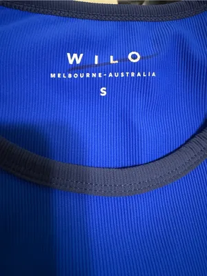WILO Blue Ribbed Cropped Tank with navy Trim‎ size small Australia activewear thumbnail 2