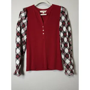 LOFT Women’s Ribbed Henley Red Plaid Mixed Media‎ Puff Shirred Ruffle Sleeves S thumbnail 12