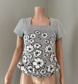 Maeve Anthropologie Floral Embroidered Blouse Shirt White Black Knitted Trim #29 thumbnail 1