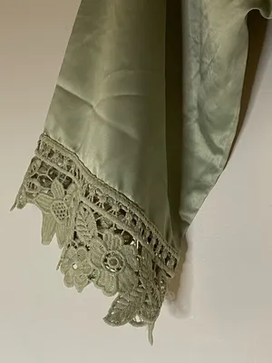 Handmade WOMENS Sage green Satin-Look Fabric short robe crochet lace detailed OSFM thumbnail 3
