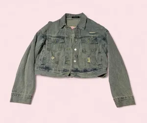 Cropped Jean Denim Jacket with Distressed & Rhinestone Detail thumbnail 1