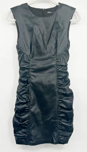 Zara Womens Black Ruched Faux Leather Edgy Grunge Moto Bodycon Mini Dress Size S thumbnail 1