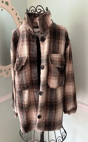 Miss‎ Selfie Plaid Shacket Jacket Button Up Front Size Large Brown thumbnail 1