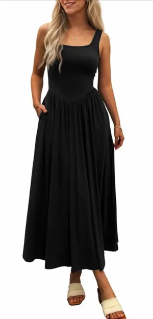 NEW Black Mieazom Tank Maxi Dress Sleeveless Square Neck Pockets XL thumbnail 1