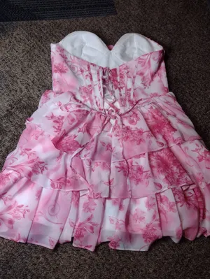 New Floral Pink Chiffon Strapless Tiered A Line Mini Prom Homecoming Formal Gown thumbnail 5
