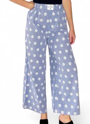 Shein Casual Blue Daisy Floral Gingham Wide Leg Casual Pants thumbnail 1