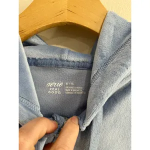 Aerie Cropped Velour Hoodie Light‎ Blue Y2K Soft Cozy Zip Sweatshirt XL thumbnail 4