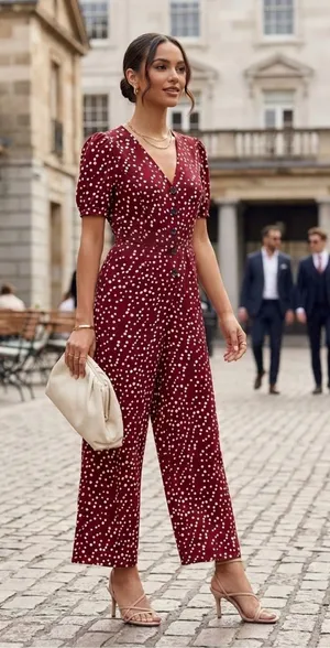 Hayden Los Angeles V-Neck Burgundy Polka Dot Button-Front Jumpsuit thumbnail 1