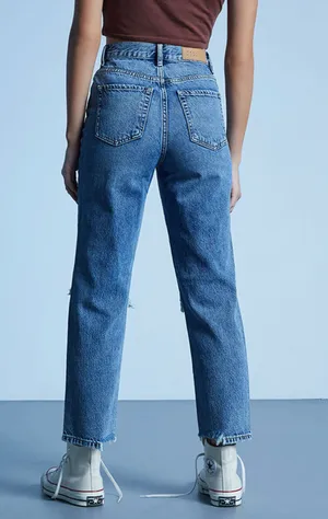 PacSun Eco Medium Blue Distressed High Waisted Straight Leg Jeans thumbnail 4
