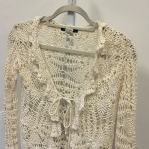 Y2K Coolwear USA Crochet Cardigan Cream Ramie Cotton Tie Front Boho Medium Boho thumbnail 3