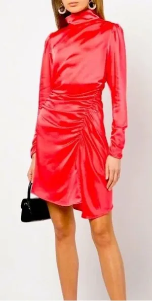 A.L.C. JOSS Dress Mock Neck Satin Ruched Long Sleeve in Hibiscus Size 00 thumbnail 1