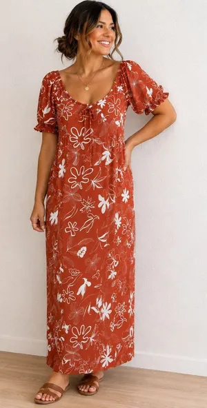 Workshop Rust Floral Puff Sleeve Smocked Back Maxi Dress Sz L thumbnail 1