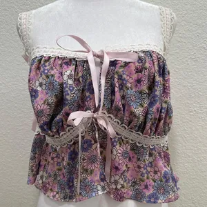 FOR LOVE & LEMONS Willow Multi Floral Bow Tie Ribbon Bow Coquette Top Purple XL thumbnail 8