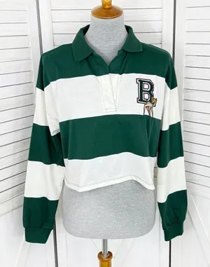 Disney Bambi Y2K Rugby Stripe‎ Cropped Polo Shirt Green White Small Long Sleeve thumbnail 1