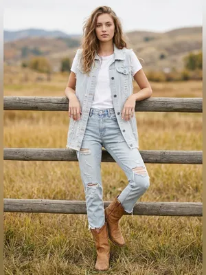 Distressed Denim Vest Womens Medium Long Length Western Cowgirl Rodeo Festival thumbnail 11