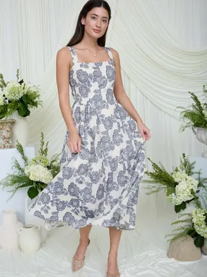 Blu Pepper NEW Navy Blue Floral Jacquard Midi Dress Square Neck Sleeveless size Small thumbnail 6