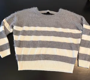 DKNY Gray and Cream Striped Women's Sweater‎ thumbnail 1