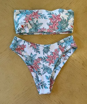 Zaful Floral Bandeau Bikini - Pink & Teal on White Sz S thumbnail 1